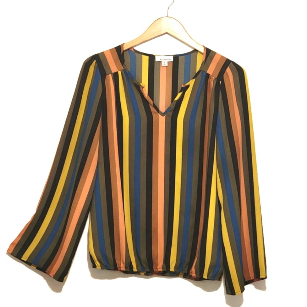 Allison Joy Striped V Neck Wide Sleeve Blouse Relaxed Multicolor S Boho Retro